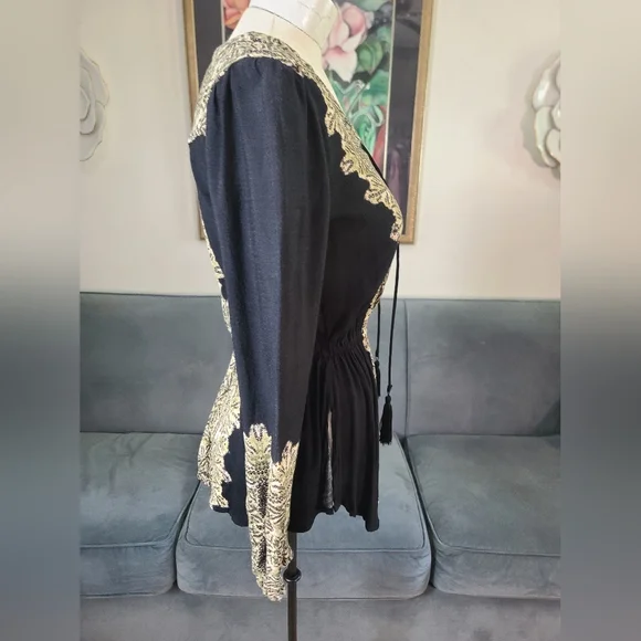 Free People Black Snake Print Boho Lace Up Front Elastic Waist Top - Picture 8 of 12